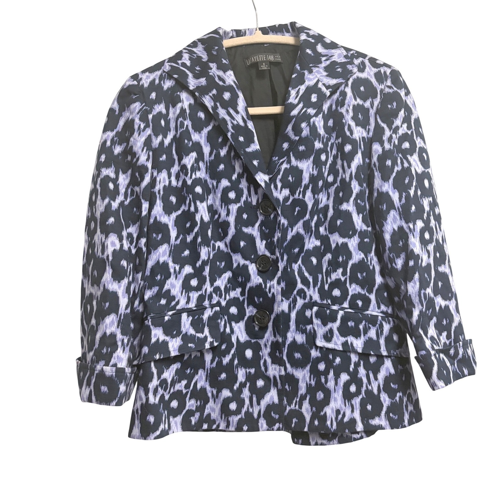 Lafayette 148 New York Leopaer Ikat Print Navy Blazer Jacket Cotton Abstract 6